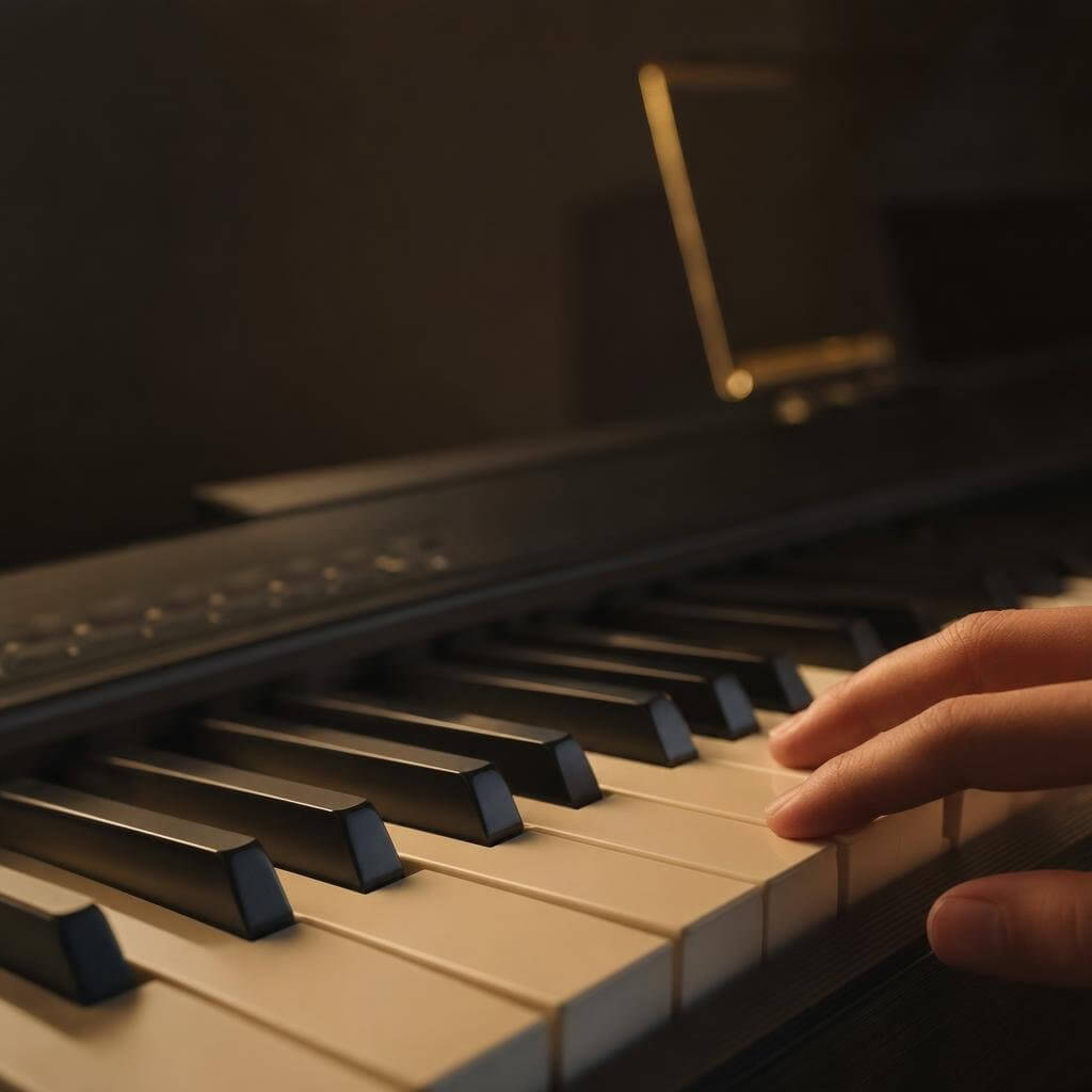 Piano numérique dans un intérieur sobre, clavier éclairé