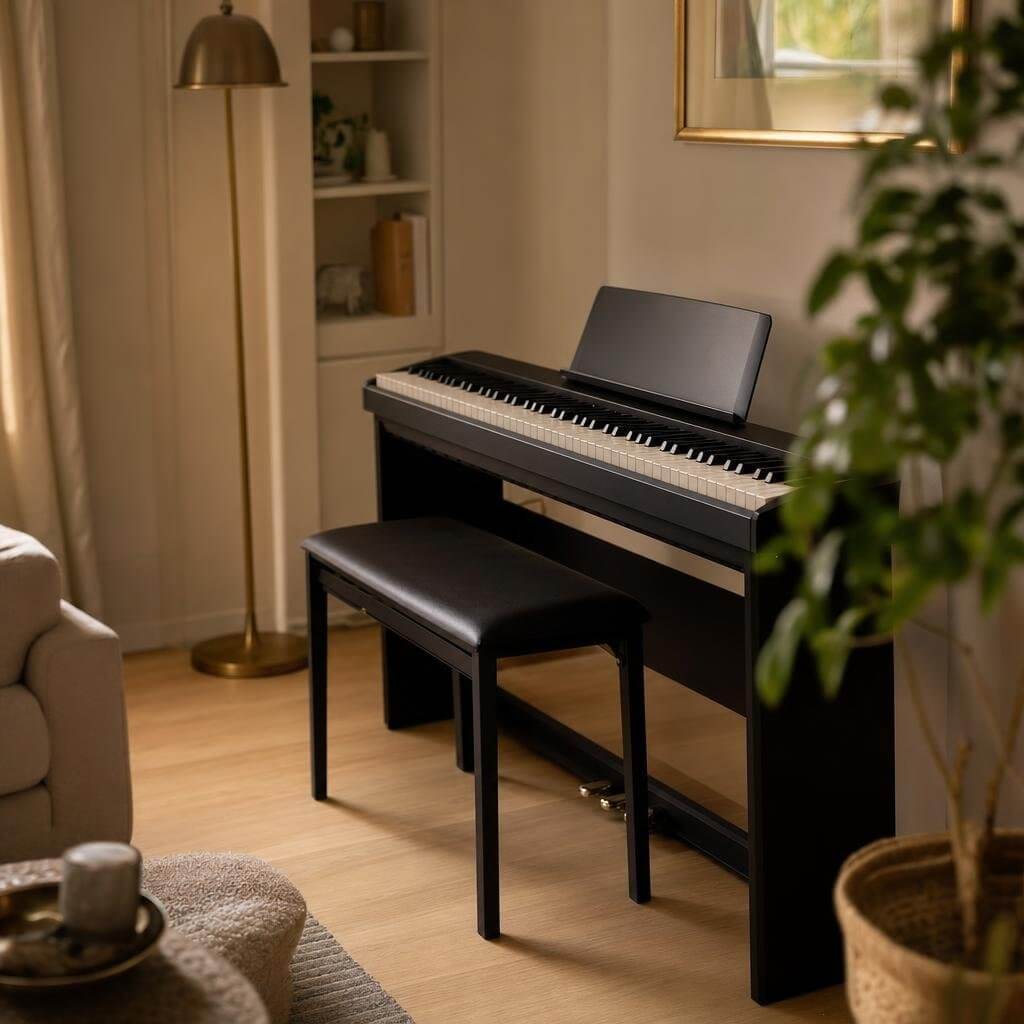 Piano numérique compact installé dans un coin de salon d'appartement