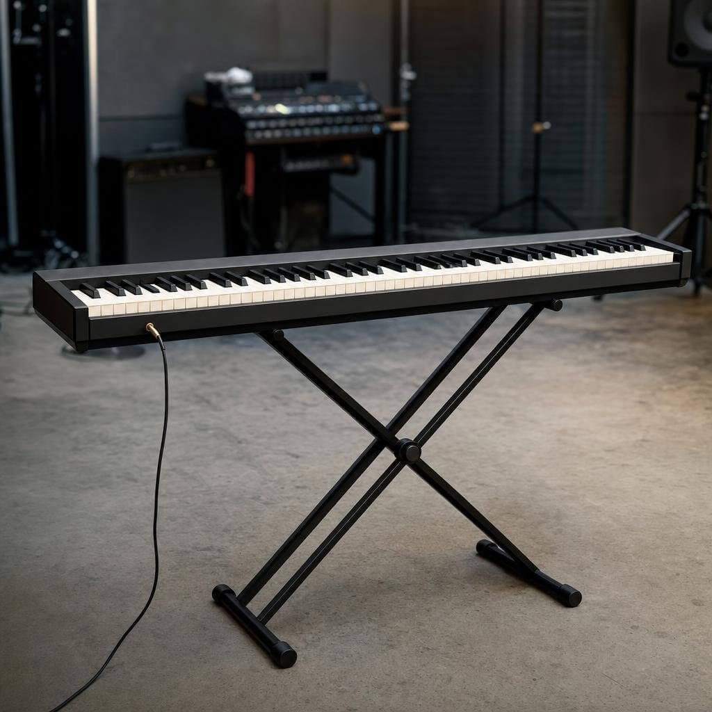 Piano numérique sur pied en X, câble jack branché, dans un local de répétition